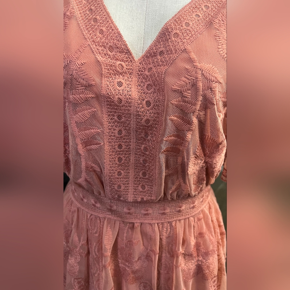 Elegant Coral Empire Waist Lace Dress - Picture 5 of 8